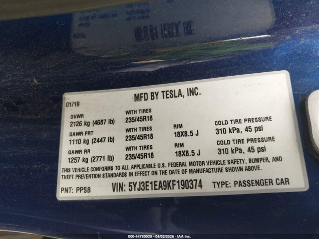 Продаж на аукціоні авто 2019 Tesla Model 3 Long Range/mid Range/standard Range/standard Range Plus, vin: 5YJ3E1EA9KF190374, номер лоту: 44780028