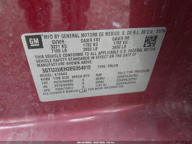 Aukcja sprzedaży 2014 Gmc Sierra 1500 Sle, vin: 3GTU2UEH2EG354915, numer aukcji: 44780029