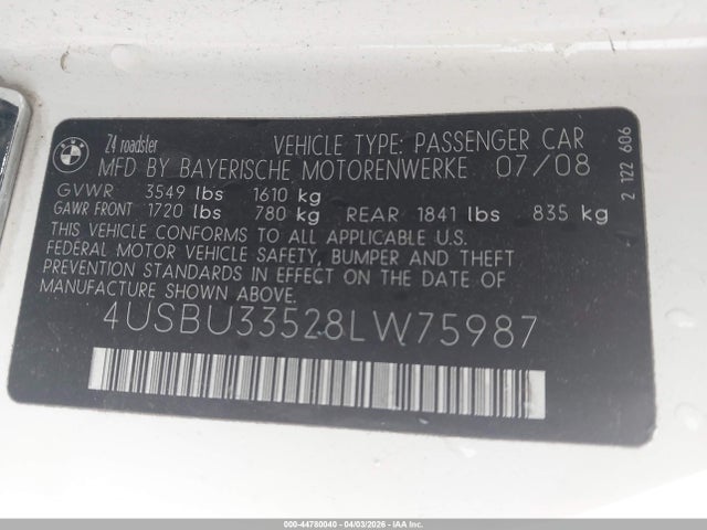 44780040 :رقم المزاد ، 4USBU33528LW75987 vin ، 2008 Bmw Z4 3.0i مزاد بيع