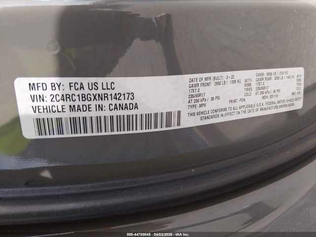 Продаж на аукціоні авто 2022 Chrysler Pacifica Touring L, vin: 2C4RC1BGXNR142173, номер лоту: 44780045