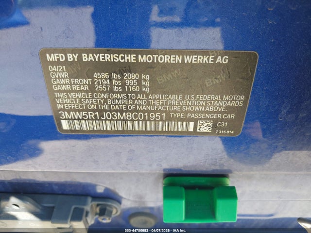2021 Bmw 330i მანქანა იყიდება აუქციონზე, vin: 3MW5R1J03M8C01951, აუქციონის ნომერი: 44780053