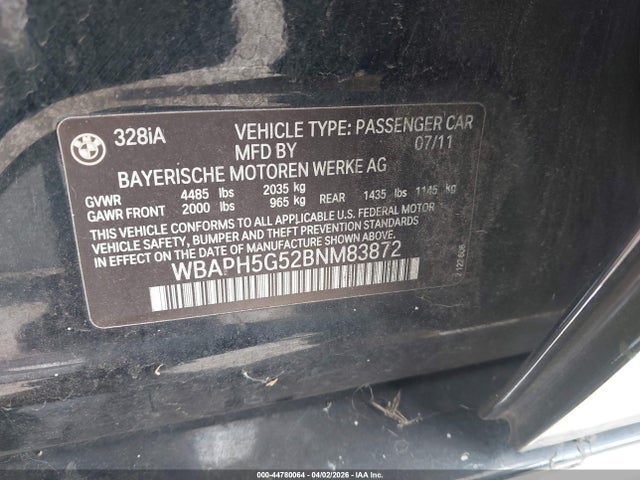 2011 Bmw 328i მანქანა იყიდება აუქციონზე, vin: WBAPH5G52BNM83872, აუქციონის ნომერი: 44780064