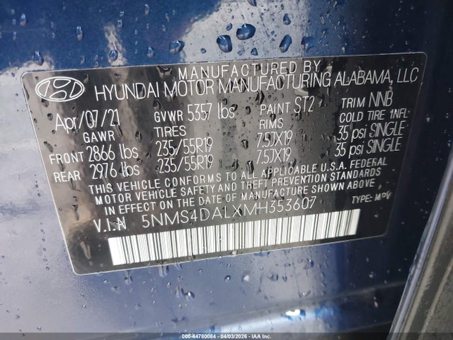 5NMS4DALXMH353607 Hyundai Santa Fe Limited