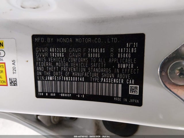 Продажа на аукционе авто 2022 Honda Civic Ex, vin: JHMFE1F76NX008140, номер лота: 44780102