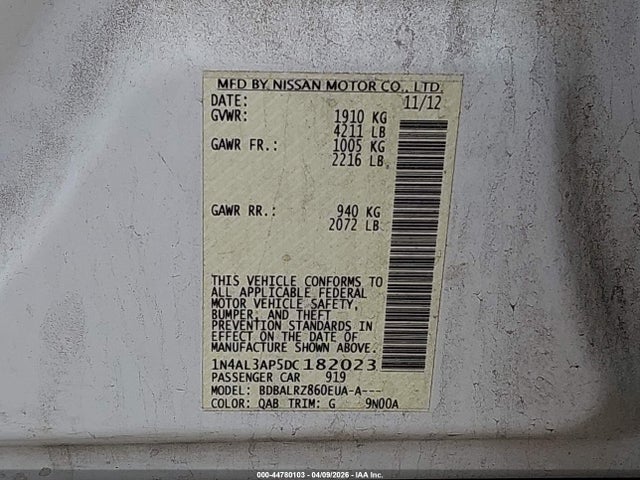 Aukcja sprzedaży 2013 Nissan Altima 2.5 S, vin: 1N4AL3AP5DC182023, numer aukcji: 44780103