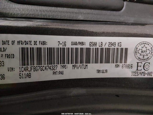2016 Jeep Grand Cherokee Limited მანქანა იყიდება აუქციონზე, vin: 1C4RJFBG7GC474327, აუქციონის ნომერი: 44780109