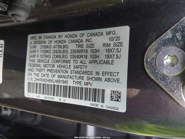 2HKRW2H8XLH691945 Honda Cr-v Awd Ex-l