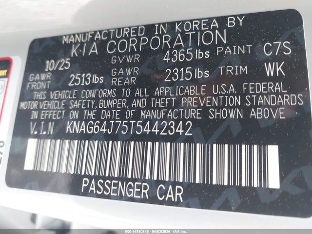 Aukcja sprzedaży 2026 Kia K5 Gt-line Fwd, vin: KNAG64J75T5442342, numer aukcji: 44780145