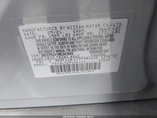 Продаж на аукціоні авто 2021 Nissan Kicks Sv Xtronic Cvt, vin: 3N1CP5CV1ML541843, номер лоту: 44780164
