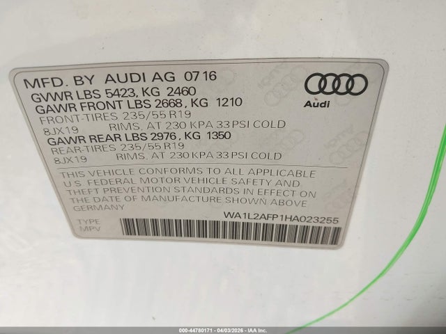 44780171 :رقم المزاد ، WA1L2AFP1HA023255 vin ، 2017 Audi Q5 2.0t Premium مزاد بيع