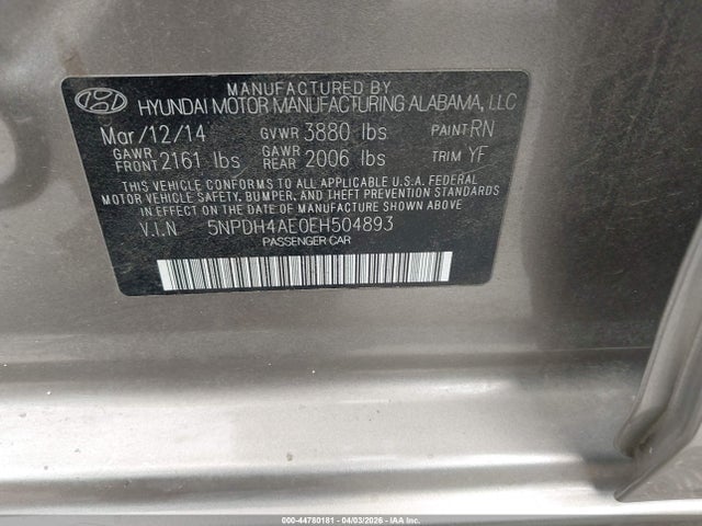 Aukcja sprzedaży 2014 Hyundai Elantra Se, vin: 5NPDH4AE0EH504893, numer aukcji: 44780181