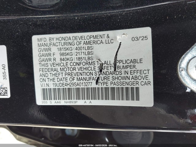 Aukcja sprzedaży 2025 Acura Integra, vin: 19UDE4H29SA013277, numer aukcji: 44780194