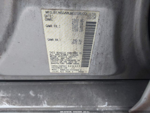 44780196 :رقم المزاد ، 1N4AL3AP3EC329327 vin ، 2014 Nissan Altima 2.5 Sv مزاد بيع