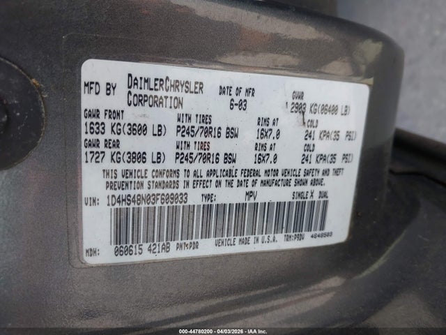 44780200 :رقم المزاد ، 1D4HS48N03F609033 vin ، 2003 Dodge Durango Slt مزاد بيع