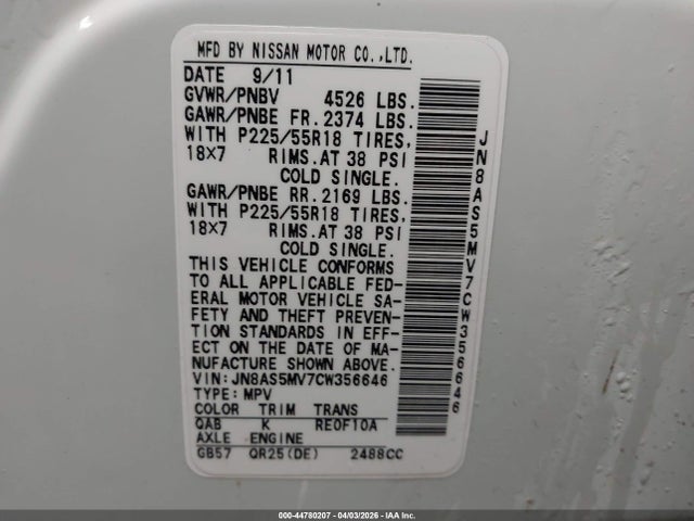 Продаж на аукціоні авто 2012 Nissan Rogue Sv W/sl Pkg, vin: JN8AS5MV7CW356646, номер лоту: 44780207