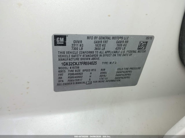 44780208 :رقم المزاد ، 1GKS2CKJ7FR694625 vin ، 2015 Gmc Yukon Denali مزاد بيع