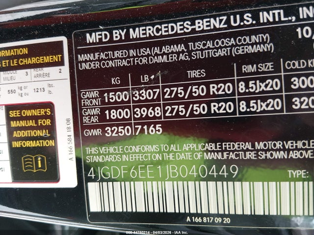 Aukcja sprzedaży 2018 Mercedes-benz Gls 450 4matic, vin: 4JGDF6EE1JB040449, numer aukcji: 44780214