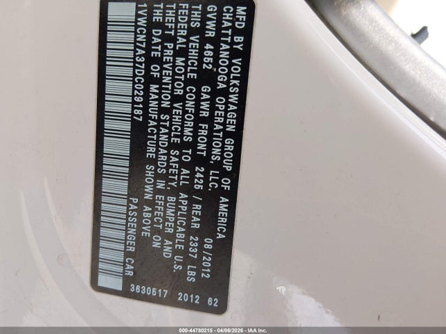 Aukcja sprzedaży 2013 Volkswagen Passat 2.0l Tdi Sel Premium, vin: 1VWCN7A37DC029187, numer aukcji: 44780215