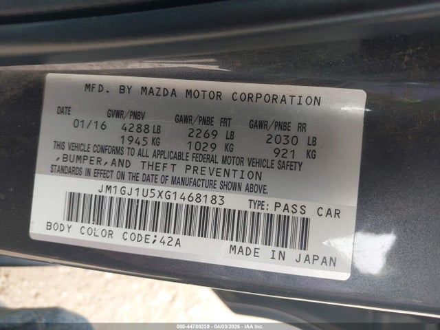 44780239 :رقم المزاد ، JM1GJ1U5XG1468183 vin ، 2016 Mazda Mazda6 I Sport مزاد بيع
