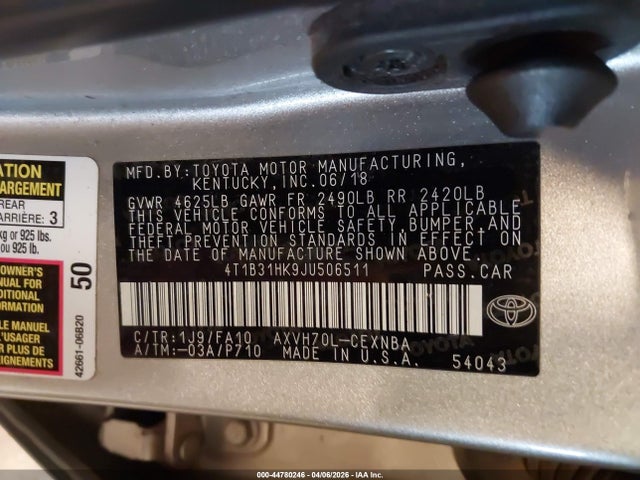 Продажа на аукционе авто 2018 Toyota Camry Hybrid Le, vin: 4T1B31HK9JU506511, номер лота: 44780246