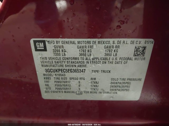 44780248 :رقم المزاد ، 3GCUKPEC5EG365347 vin ، 2014 Chevrolet Silverado 1500 Work Truck 2wt مزاد بيع