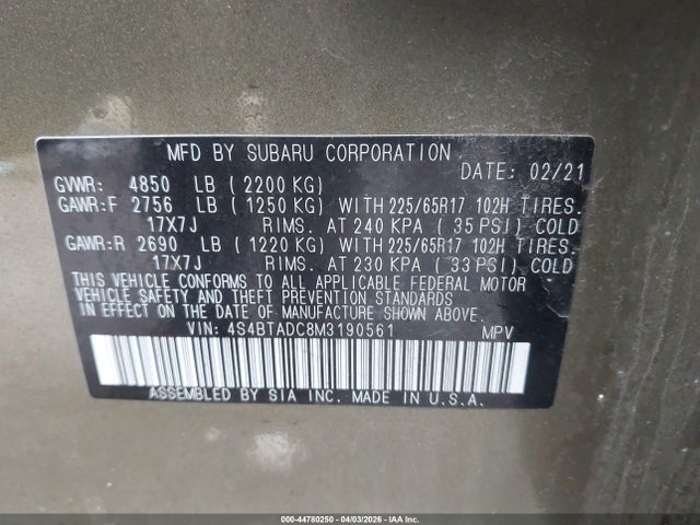 Aukcja sprzedaży 2021 Subaru Outback Premium, vin: 4S4BTADC8M3190561, numer aukcji: 44780250