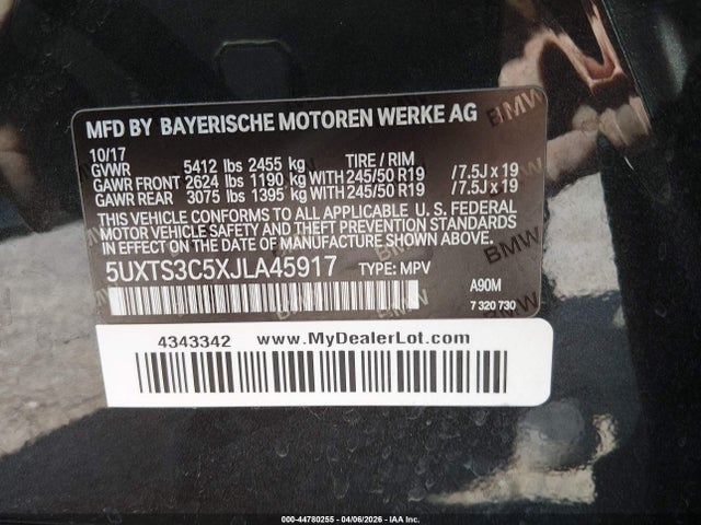 Aukcja sprzedaży 2018 Bmw X3 M40i, vin: 5UXTS3C5XJLA45917, numer aukcji: 44780255
