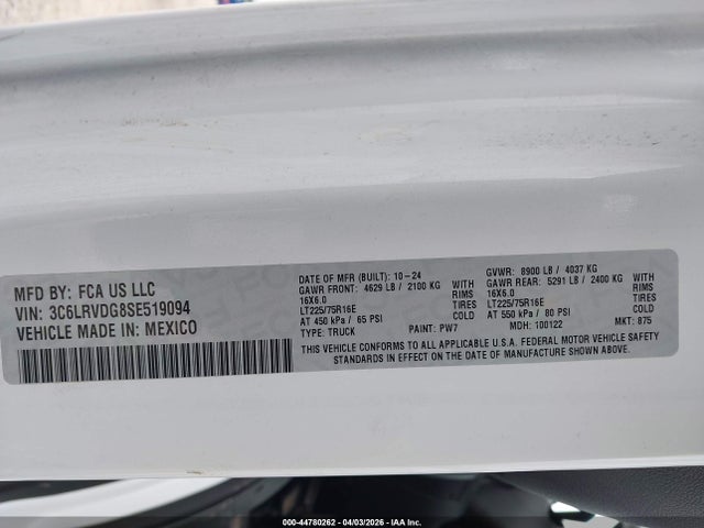 Продажа на аукционе авто 2025 Ram Promaster 2500 Tradesman High Roof 159 Wb W/pass Seat, vin: 3C6LRVDG8SE519094, номер лота: 44780262