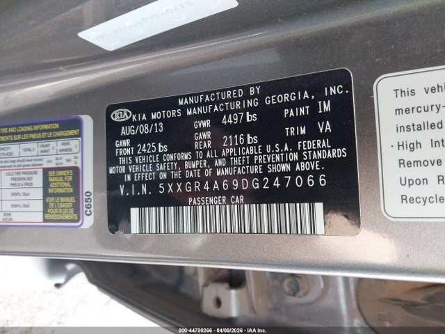 44780266 :رقم المزاد ، 5XXGR4A69DG247066 vin ، 2013 Kia Optima Sx مزاد بيع