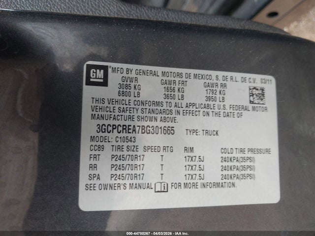 44780267 :رقم المزاد ، 3GCPCREA7BG301665 vin ، 2011 Chevrolet Silverado 1500 Ls مزاد بيع