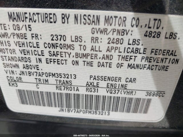 Продажа на аукционе авто 2015 Infiniti Q50 Premium/sport, vin: JN1BV7AP0FM353213, номер лота: 44780273