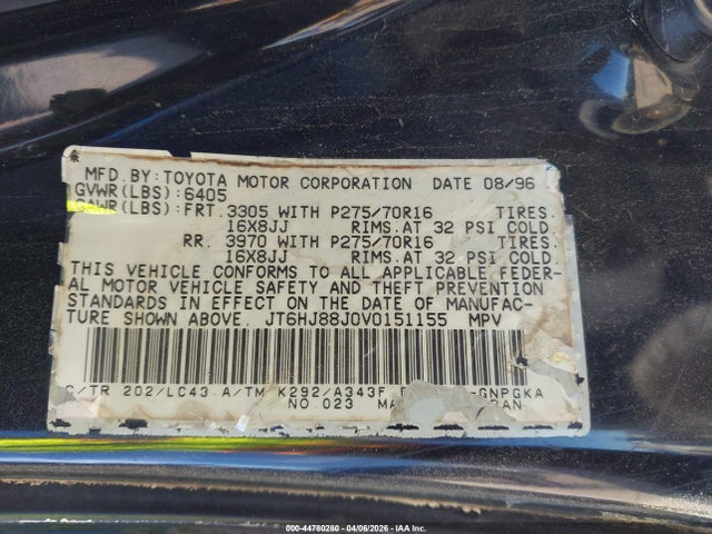 44780280 :رقم المزاد ، JT6HJ88J0V0151155 vin ، 1997 Lexus Lx 450 مزاد بيع