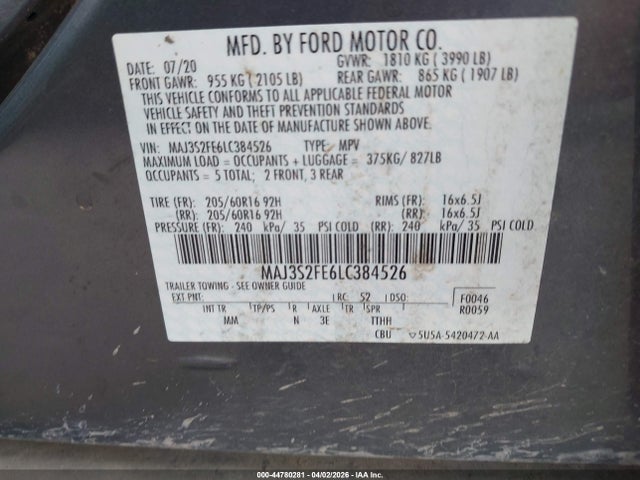 Aukcja sprzedaży 2020 Ford Ecosport S, vin: MAJ3S2FE6LC384526, numer aukcji: 44780281