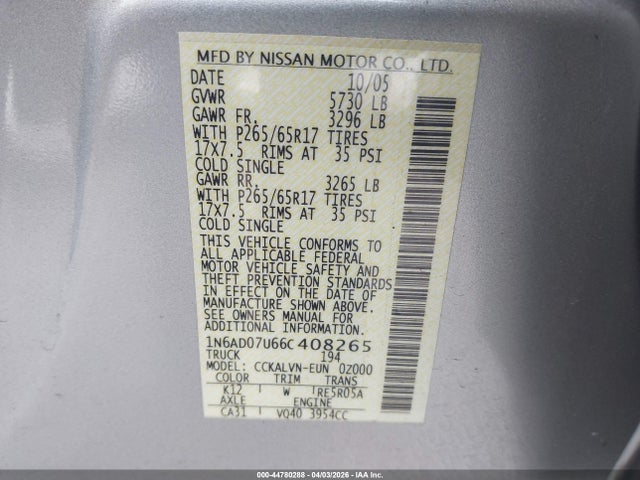 2006 NISSAN FRONTIER 1N6AD07U66C408265 Photo 8