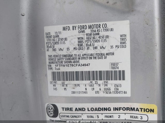 Aukcja sprzedaży 2012 Ford F-150 Platinum, vin: 1FTFW1ET6CFA34947, numer aukcji: 44780290
