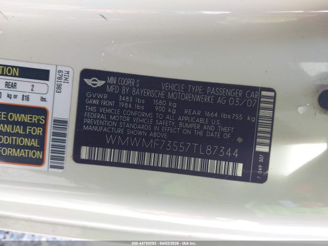 44780292 :رقم المزاد ، WMWMF73557TL87344 vin ، 2007 Mini Cooper S مزاد بيع