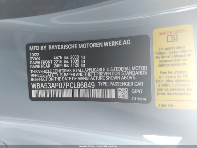 Aukcja sprzedaży 2023 Bmw 430i, vin: WBA53AP07PCL86849, numer aukcji: 44780298