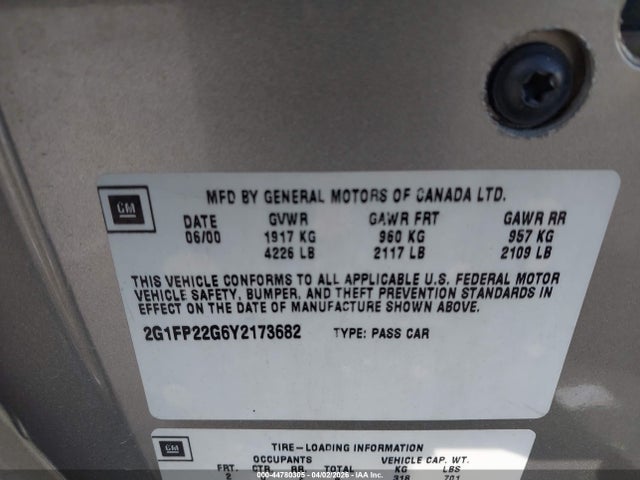 2000 Chevrolet Camaro Z28 მანქანა იყიდება აუქციონზე, vin: 2G1FP22G6Y2173682, აუქციონის ნომერი: 44780305