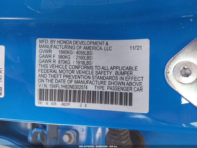 2022 HONDA CIVIC 19XFL1H82NE002574 Photo 8