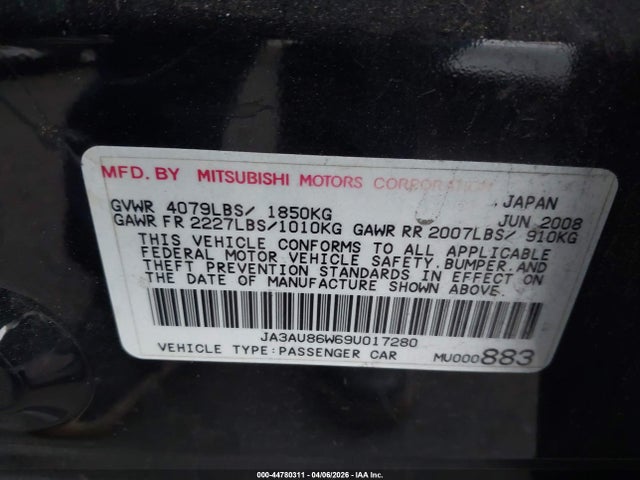 Aukcja sprzedaży 2009 Mitsubishi Lancer Gts, vin: JA3AU86W69U017280, numer aukcji: 44780311