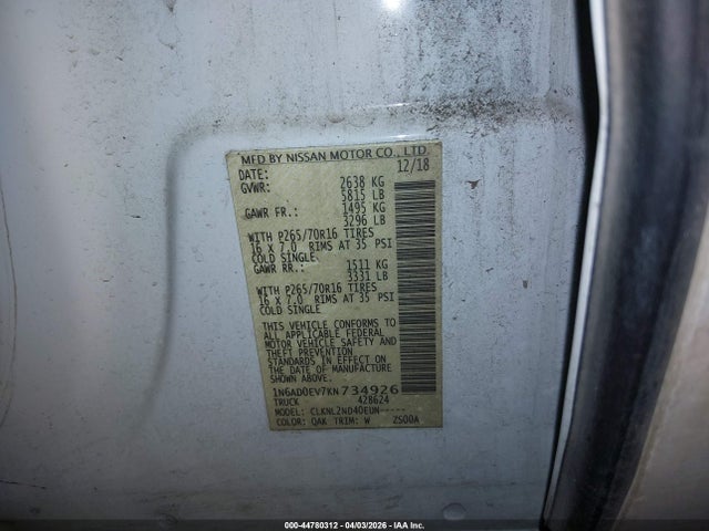 44780312 :رقم المزاد ، 1N6AD0EV7KN734926 vin ، 2019 Nissan Frontier Sv مزاد بيع