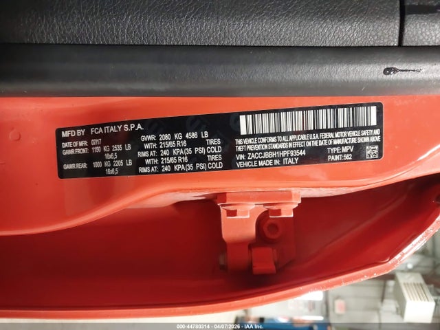 Aukcja sprzedaży 2017 Jeep Renegade Latitude 4x4, vin: ZACCJBBH1HPF93544, numer aukcji: 44780314