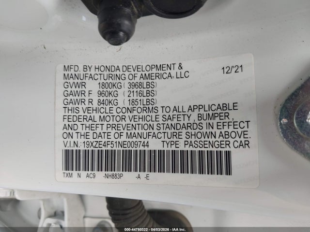 2022 Honda Insight Ex მანქანა იყიდება აუქციონზე, vin: 19XZE4F51NE009744, აუქციონის ნომერი: 44780322