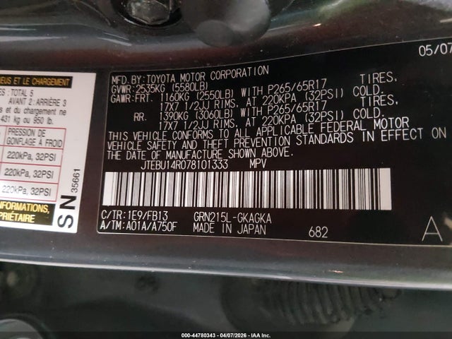 Aukcja sprzedaży 2007 Toyota 4runner Sport V6, vin: JTEBU14R078101333, numer aukcji: 44780343