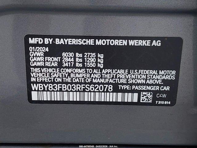 Продажа на аукционе авто 2024 Bmw I4 Gran Coupe Xdrive40, vin: WBY83FB03RFS62078, номер лота: 44780349