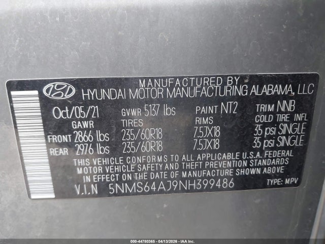 Продажа на аукционе авто 2022 Hyundai Santa Fe Xrt, vin: 5NMS64AJ9NH399486, номер лота: 44780365