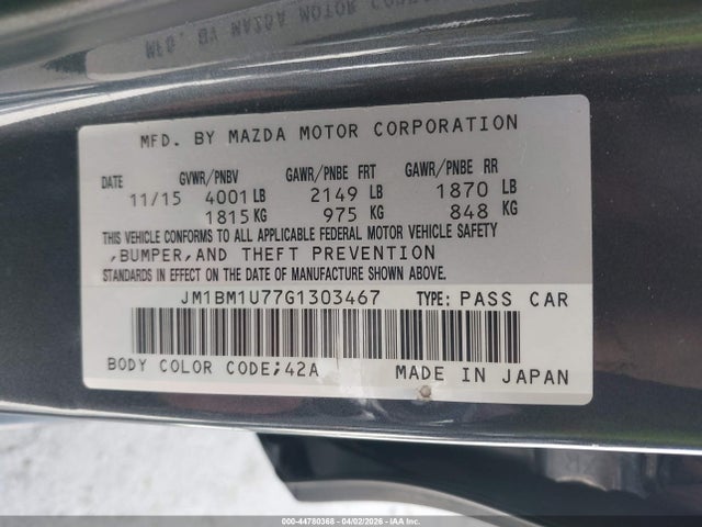 44780368 :رقم المزاد ، JM1BM1U77G1303467 vin ، 2016 Mazda Mazda3 I Sport مزاد بيع