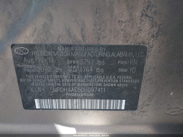 Продаж на аукціоні авто 2012 Hyundai Elantra Limited, vin: 5NPDH4AE5CH097411, номер лоту: 44780375