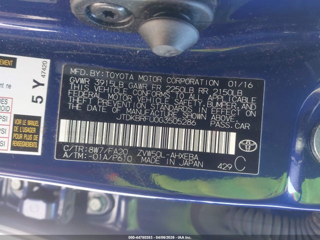 JTDKBRFU0G3505286 Toyota Prius Two