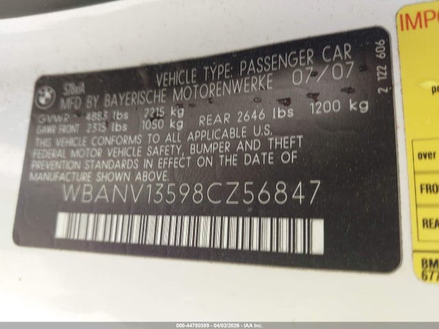 Продаж на аукціоні авто 2008 Bmw 528xi, vin: WBANV13598CZ56847, номер лоту: 44780389